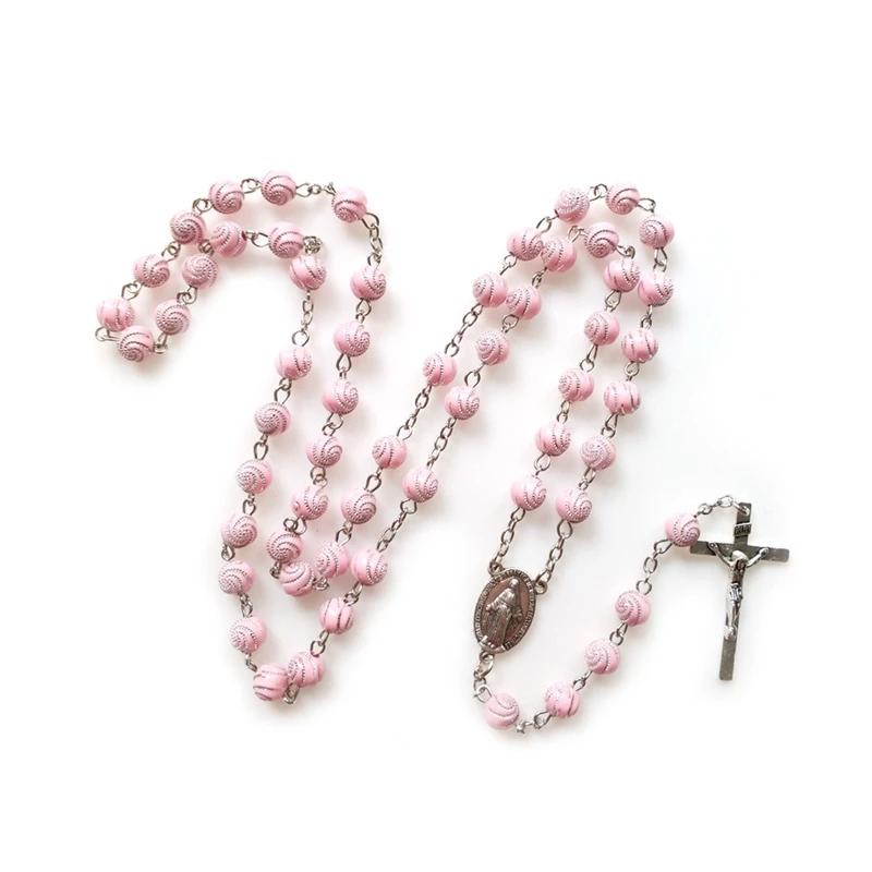 

QIGO Catholic Cross Rosary Long Pink Plastic Beads Strand Necklace Religious Prayer Jewelry