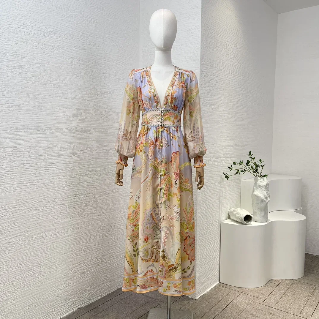 

Elegant 2023 Latest Women Fashion Clothing Pure Silk Top Quality Long Sleeve Shirred Diamonds Buttons Midi Dress for Holiday