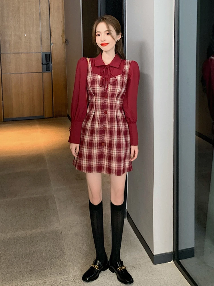 wi w nowym stylu klasyczna szachownica czerwone sukienki kratę kobiety 2023 letni kołnierzyk z klapami Patchwork sukienka trapezowa Slim Y2K Ins