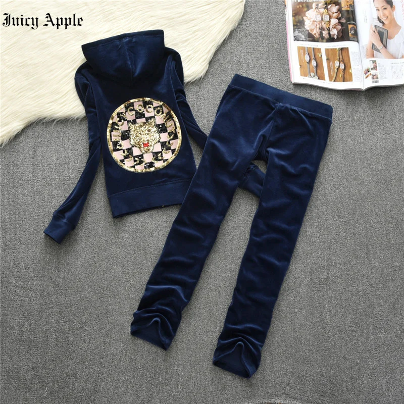 Juicy Apple Casual Fashion Women Hoodie Two Piece Set Zipper Jacket Outerwear And Sweatpants Suit Autumn Winter Tracksuit Outfit