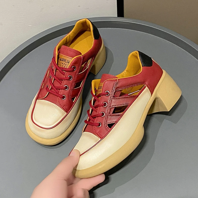 Sandals Women's Genuine Leather 2023 New High Heeled British Style Openwork Casual Single Shoes Roman Luxury Women's Sandals