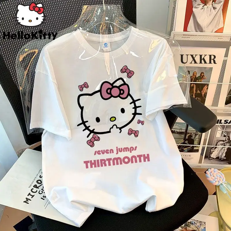 

Sanrio Hello Kitty Pink Print Tess For Women 2023 Summer New Y2k Cute Cartoon Short Sleeve T-shirt Loose Oversize Casual Tops