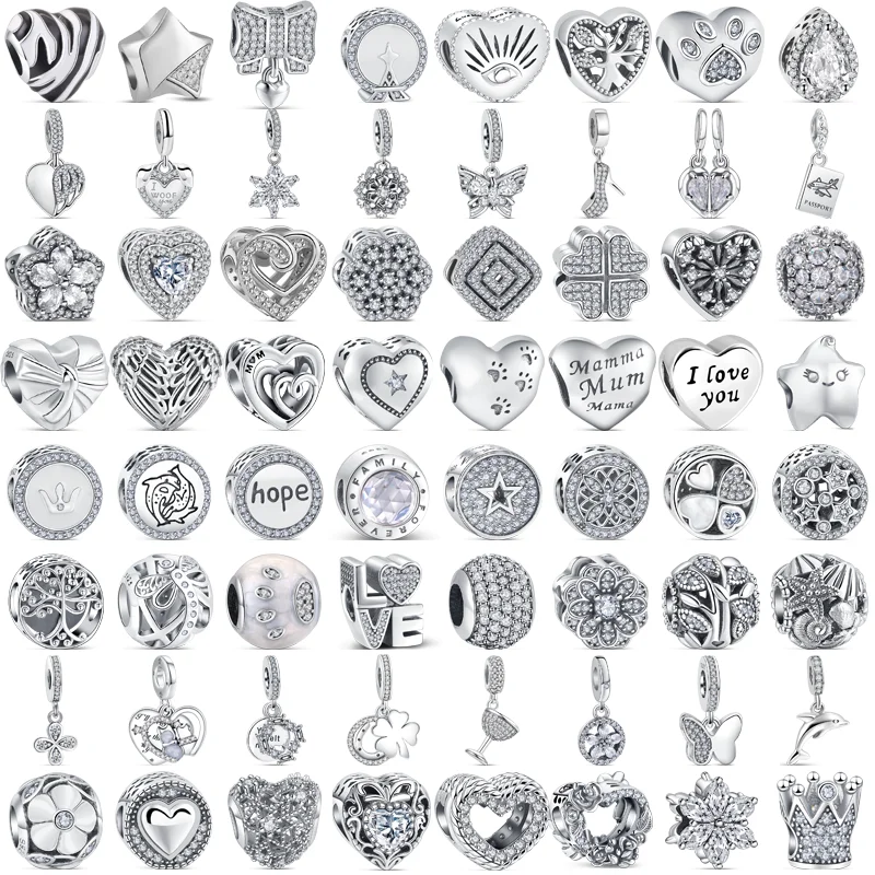 

925 Sterling Silver Lucky Cat Heart Mom Clover Crown Family Pavé Sparkling Beads Fit Original Pandora Charm Bracelet DIY Jewelry