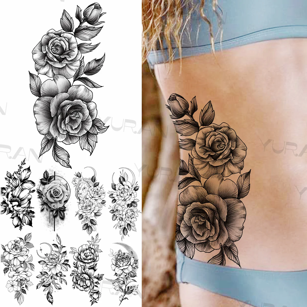 

Large Rose Flower Temporary Tattoos For Women Girls Realistic Lion Moon Flora Fake Tattoo Sticker Sexy Waist Boobs Tatoos DIY