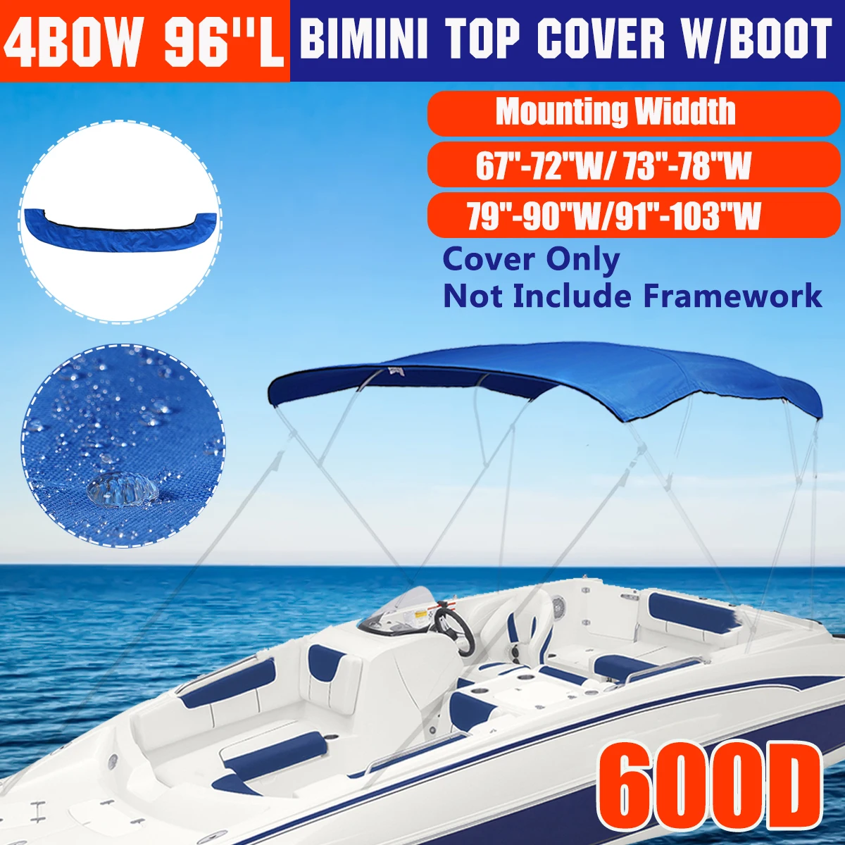Waterproof 600D 4 Bow Bimini Top Boot Cover No Frame Yacht Boat Cover With Zipper Anti UV Dustproof Cover Marine Accessories