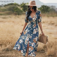 sexy beach summer women midi dress 2022 slit floral printi v neck long sundress elegant holiday fashion female clothing