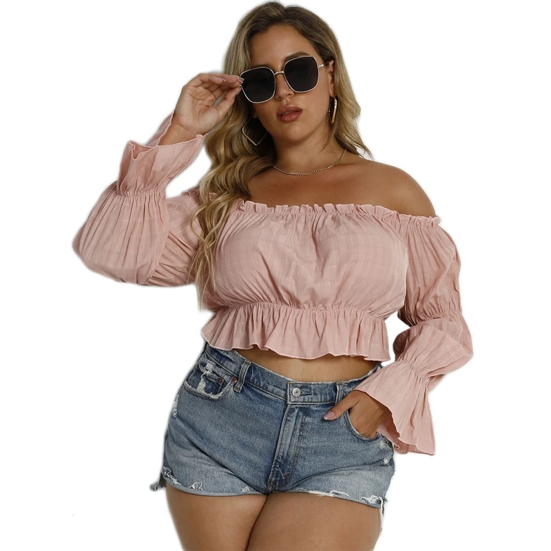 

Women's Ruffle Long Sleeve Crop Tops Blouse Off Shoulder Top Casual Shirt Tops