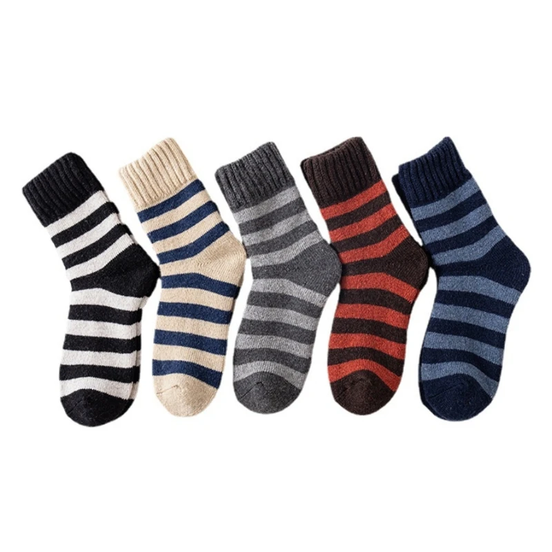 5 Pairs Men Thick Thermal Warm Crew Socks Faux Wool Knit Striped Pattern Hosiery