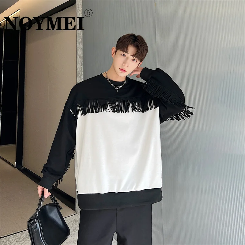 

NOYMEI Sweatshirt Men Autumn 2023 New Fashion Contrast Color Patchwork Tassels Design Korean Style Male Pullover Casual WA1963