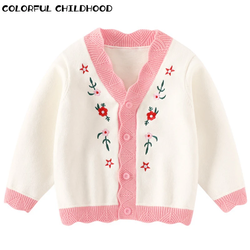 

Colorful Childhood Spring Flower Sweater Girls Embroidery One Piece Cardigan Girls V-neck Sweet Lace Knitwear 4229