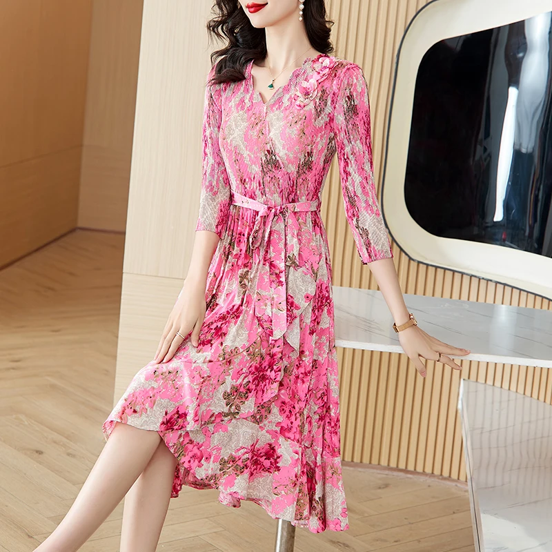 Осеннее женское платье Miyake со складками 2024 асимметричное с цветочным принтом и