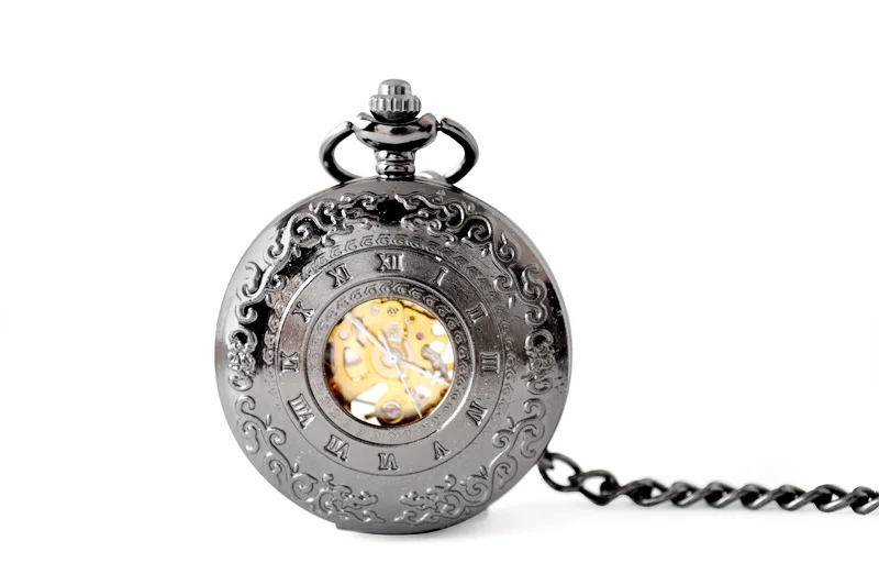 Luxury Steampunk Mechanical Pocket Watch for Men Women Hollow Skeleton Case Vintage Roman Numerals Dial Fob Chain Pendant Clock