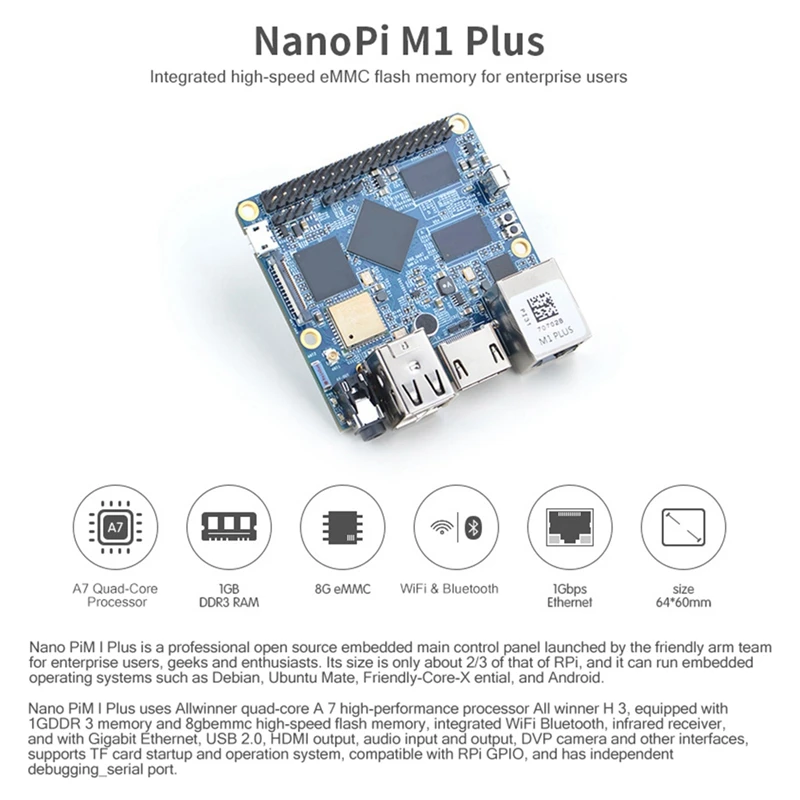 For Nanopi M1 Plus Allwinner H3 Quad-Core Cortex-A7 1GB DDR3 RAM+8GB EMMC Gigabit LAN Wifi Bluetooth Development Board