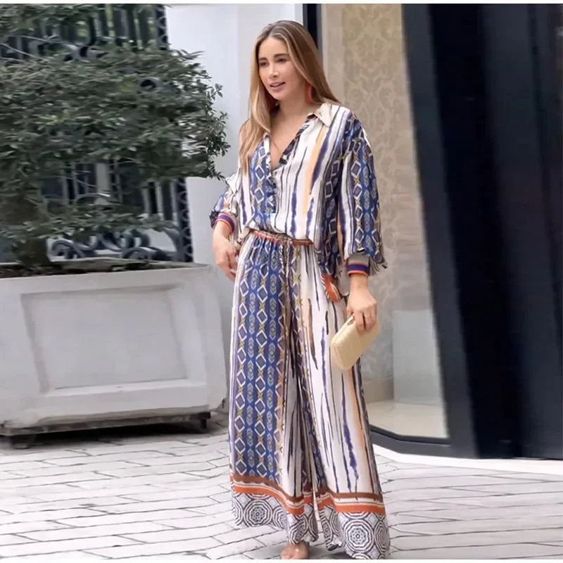2024 Брючный костюм-рубашка с принтом женские однобортные свободные рубашки