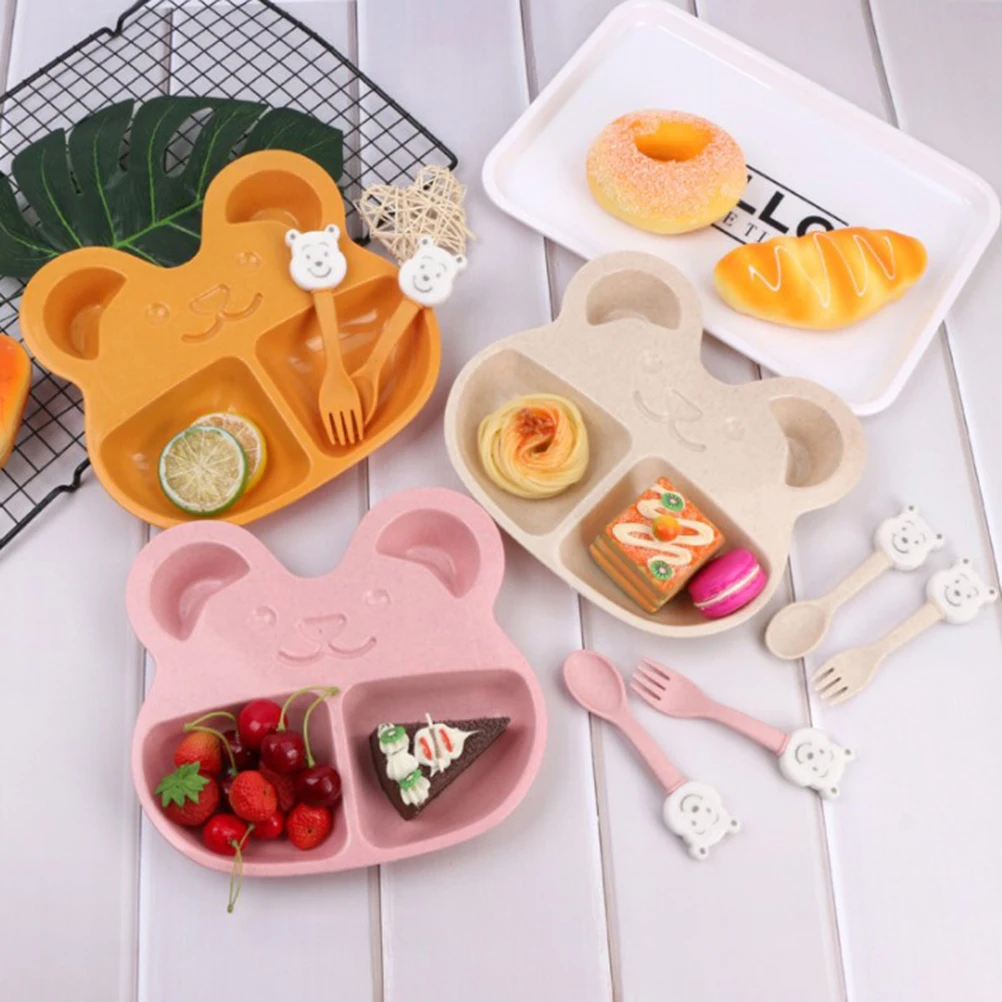 

Wheat Straw Plates Baby Training Bowl Plate+spoon+fork Cute Bear Food Tableware Set