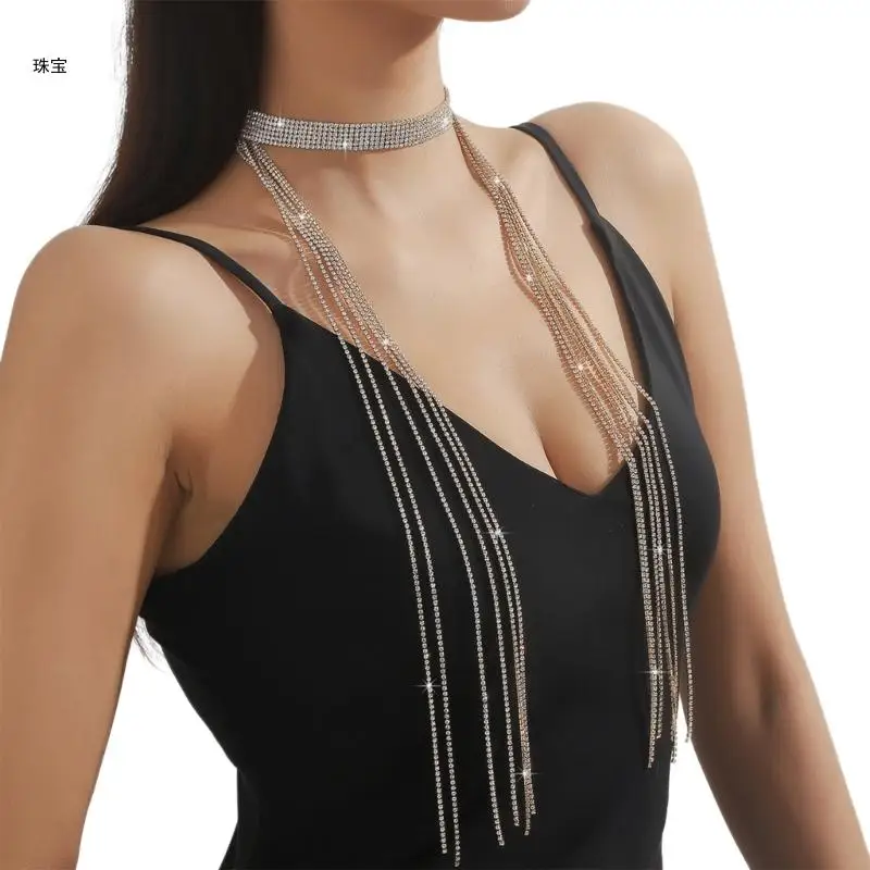 X5QE длинное колье в стиле панк для женщин шарф-цепочка со стразами костюм ночного