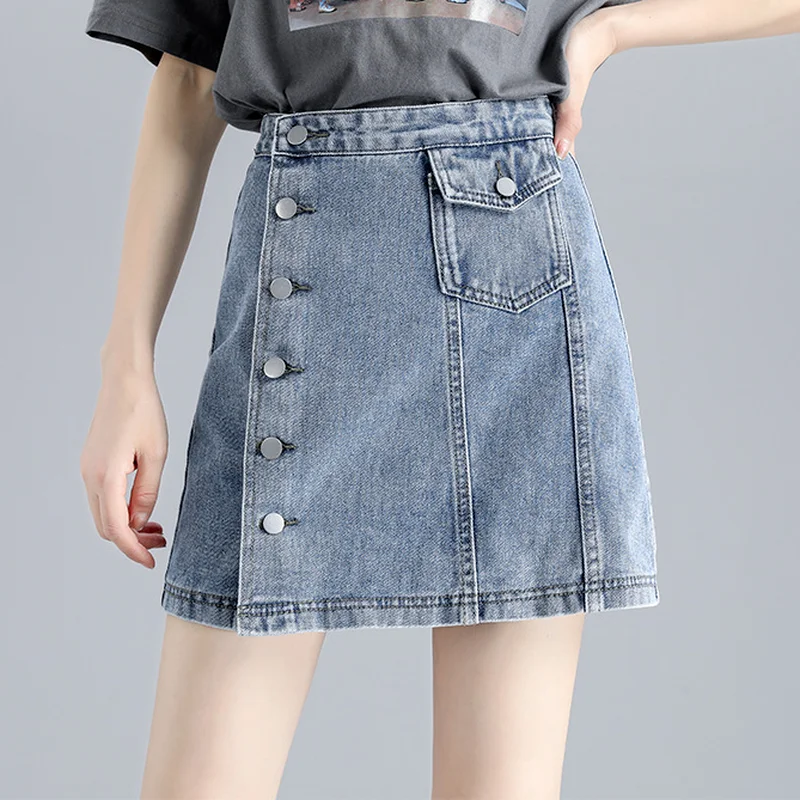 

Women Spring Summer 2023 New High-waist Slim Single-breasted Solid A-line Skirt Korean Fashion Denim Skirts Harajuku All-match