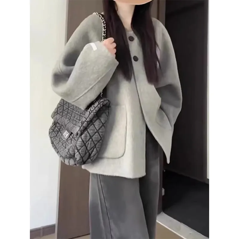 Женская шерстяная куртка во французском стиле sle Hepburn серая свободная утепленная