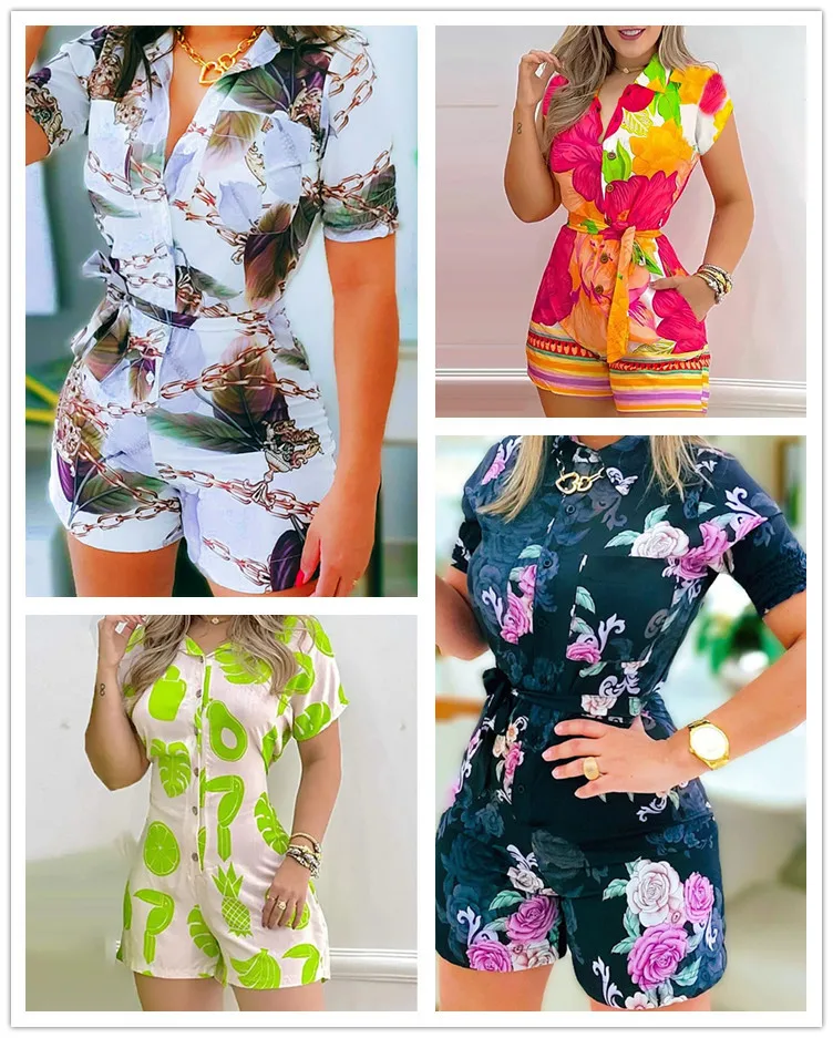

Summer Woman Playsuits Flowers Printed Sexy Slim Romper Jumpsuit Women Short Sleeve Holiday Beach Playsuit