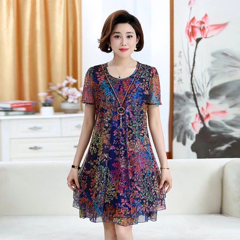 

Женское шифоновое платье среднего возраста, повседневное свободное платье с круглым вырезом и коротким рукавом, модель W40 на лето, 2021