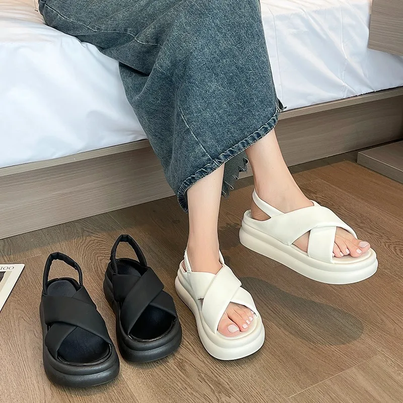 

Roman Sandals Cross 2023 Summer Strappy Heels Beach Shoes Cross-Shoes All-Match Open Toe Suit Female Beige Clogs Wedge Med Incre