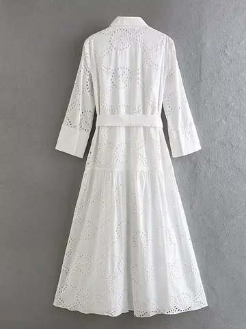 New women's clothing Elegant and simple hollow spring and summer long-sleeved lapel long white embroidered midi dress
