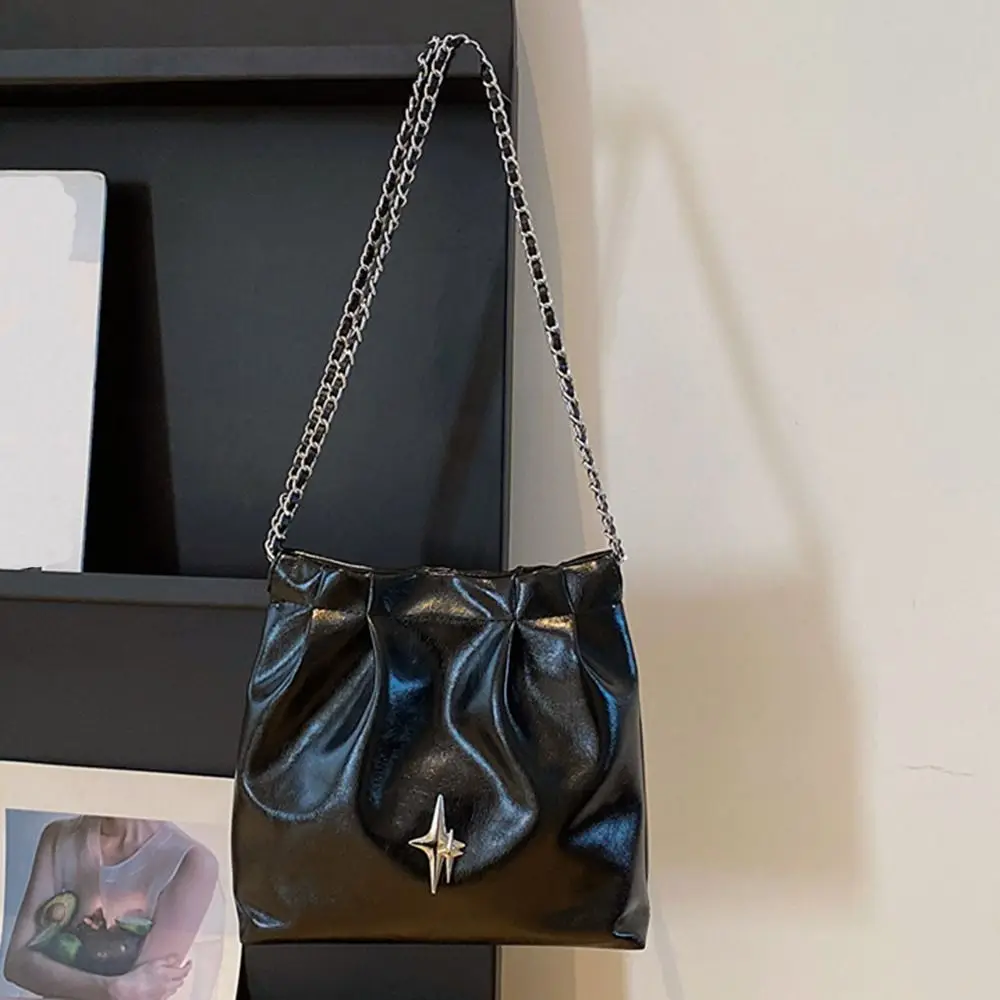 

PU Leather Bucket Bag Fashion Large Capacity Casual Tote Handbag Pleated Plaid Solid Color Crossbody Bag Women Girls