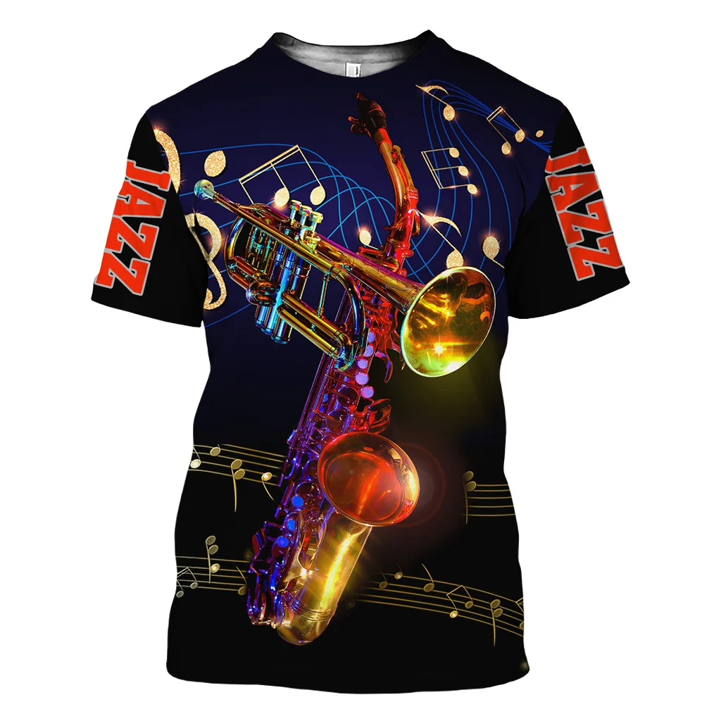 

Jazz T-shirt 3D Print Sax Guitar Clarinet Men's T-shirt Classic Music Instruments Short Sleeve Hip Hop Funko Pop Casual Tee