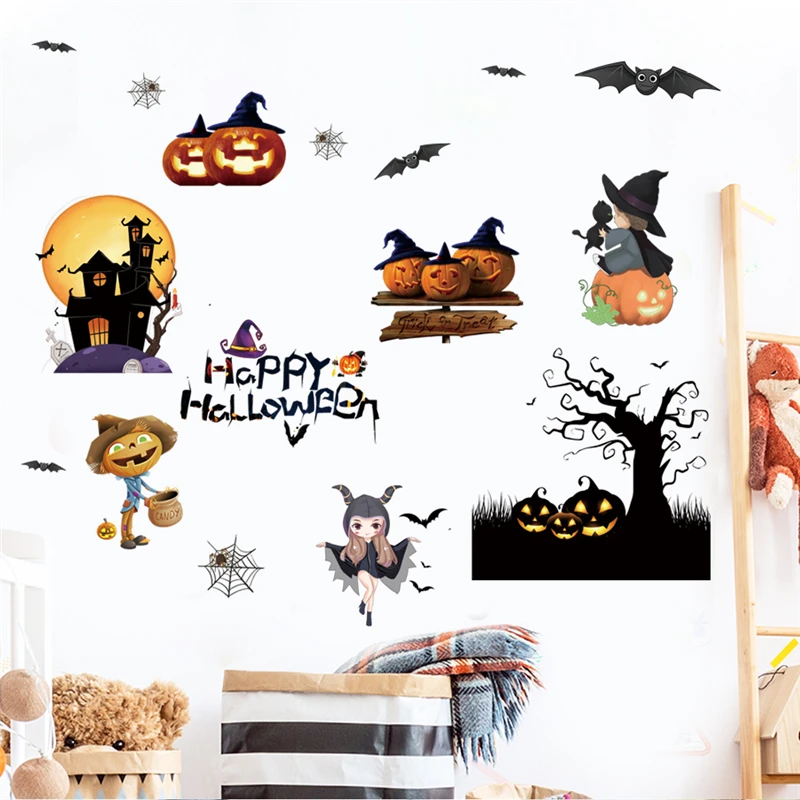Наклейка на стену в виде тыквы кота ведьмы летучих мышей
