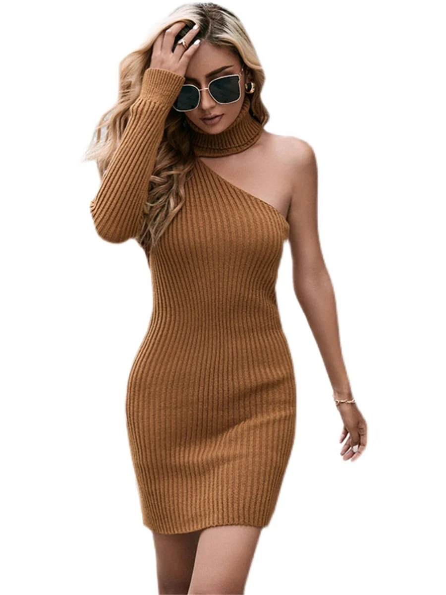 

Женское трикотажное платье на одно плечо, с длинным рукавом