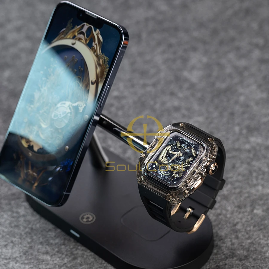 For Apple Watch Luxury Transparent  Diamond Mod Kit  44mm 45mm 49mm  Fluororubber Strap for IWatch Series Ultra 8 7 6 5 SE