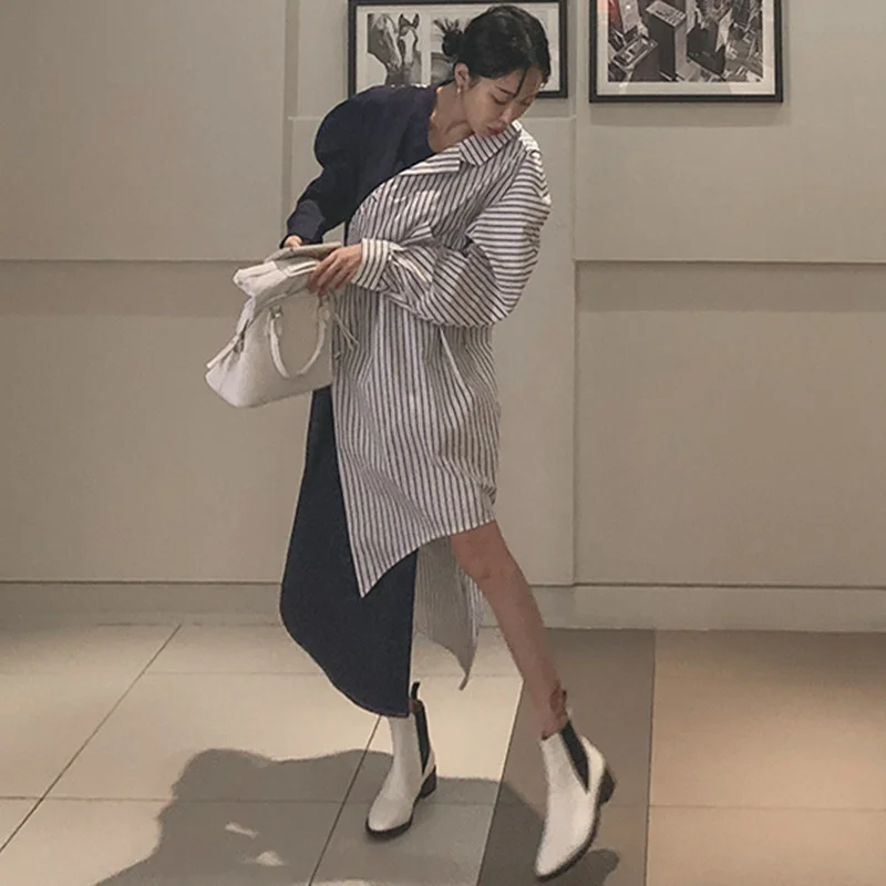 LANMREM 2022 Весенняя Новая модная полосатая рубашка с отворотом женская Свободная