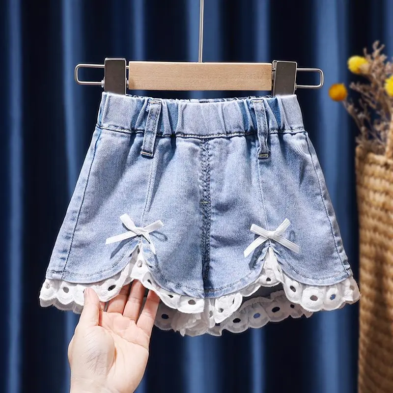 

Kids Clothes Girls Korean Version Irregular Bow Denim Pants Children's Clothing Summer Stylish Mid Elastic Waist Hot Shorts