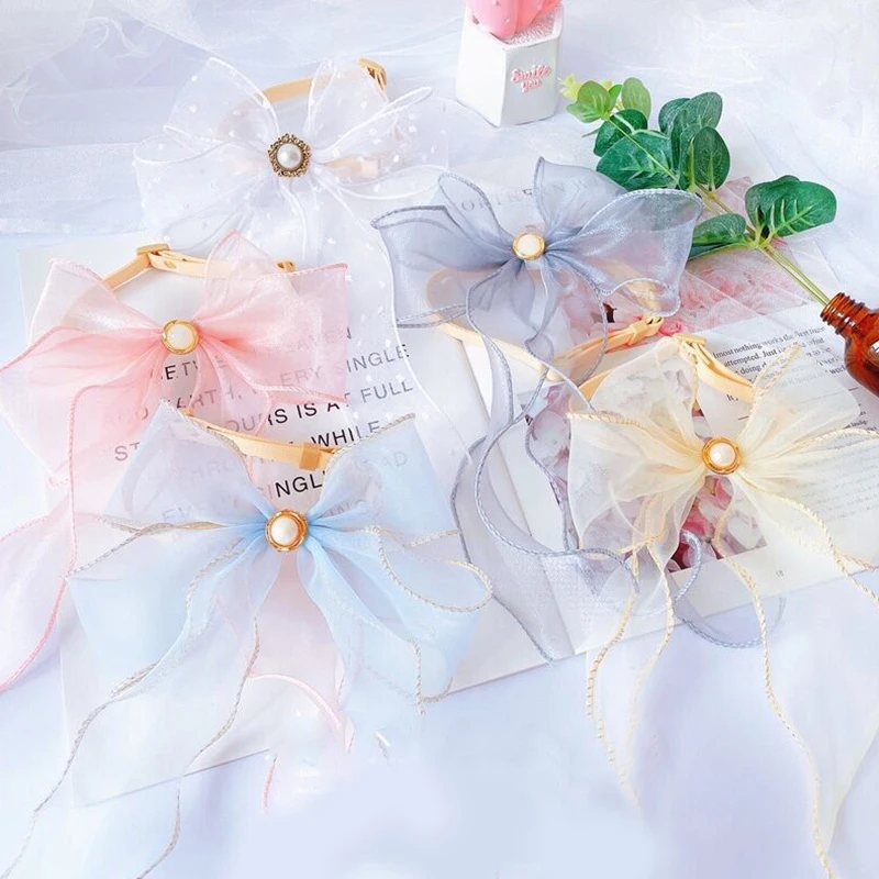 

Pearl Bowknot Tulle Cat Collar Luxury Design Pet Fairy Gradient Collar Ribbon Satin Bowknot Necklace Pet Head Decor Accessories