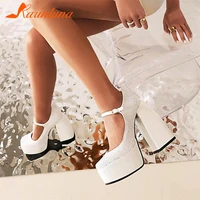 big size 34 43 hot sale thick high heels pink platform buckle strap bling women pumps elegant sexy party prom shoes lady white