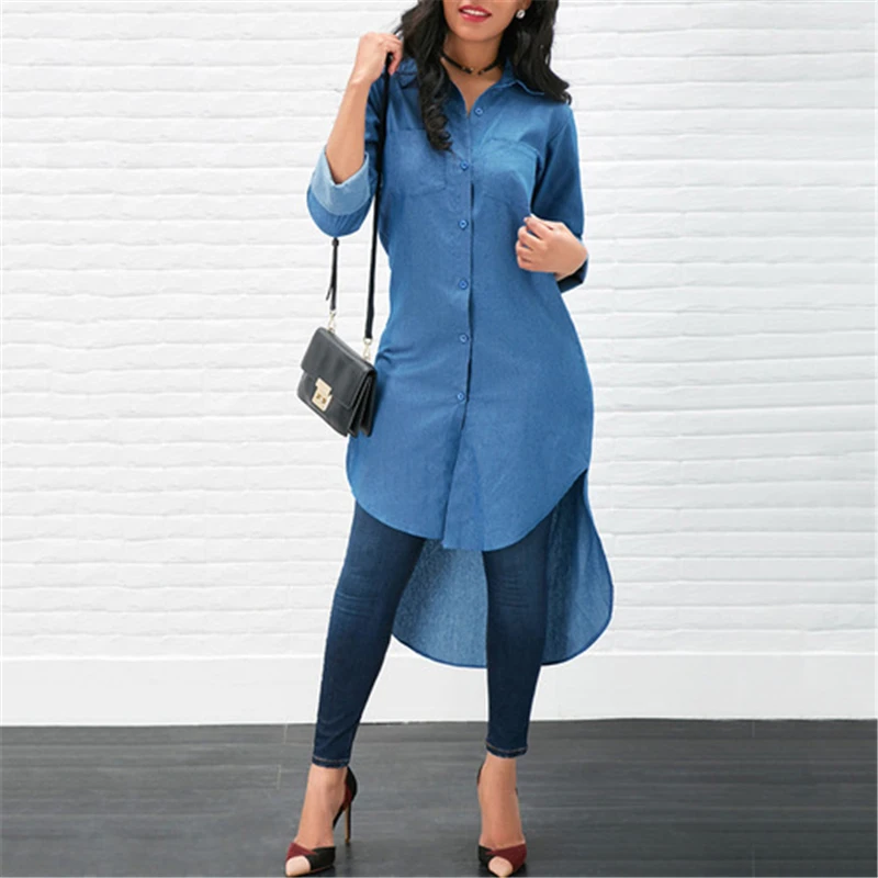 

Spring Autumn Women Long Sleeve Irregular Blouse Turn Down Collar Women Denim Long Shirt Female Blouse