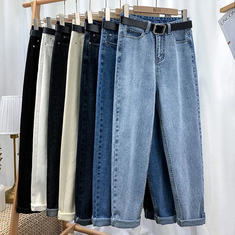 Простые синие прямые джинсы с высокой талией на весну и осень женские повседневные универсальные базовые облегающие прямые джинсы
