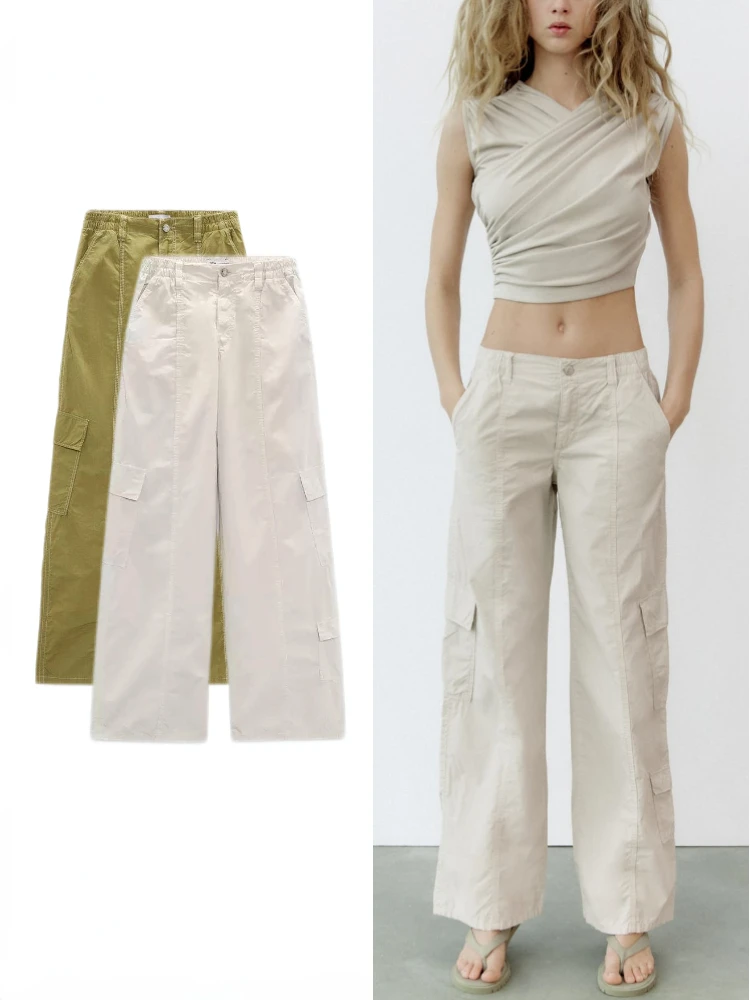 

ZBZA Women's Summer New Elastic Waist Multi-pocket Zip Metal Button Closure Mid-waist Parachute Pants Loose Mid-rise Cargo Pants
