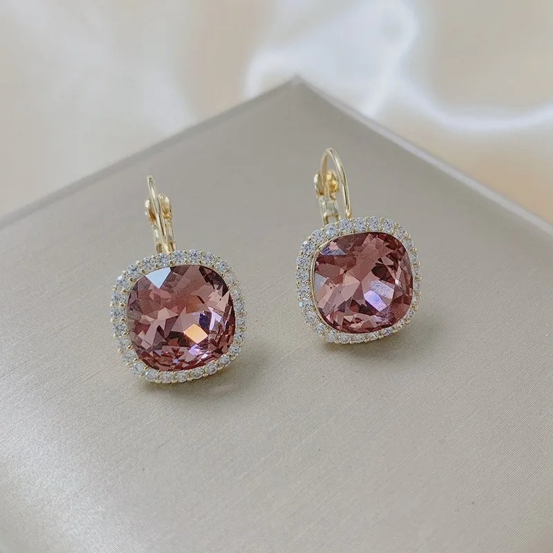 

HEYu Pink Square Crystal Earrings for Women 2023 New Fashion Party Earring Korea Style Simple Geometric Jewelry Accessories