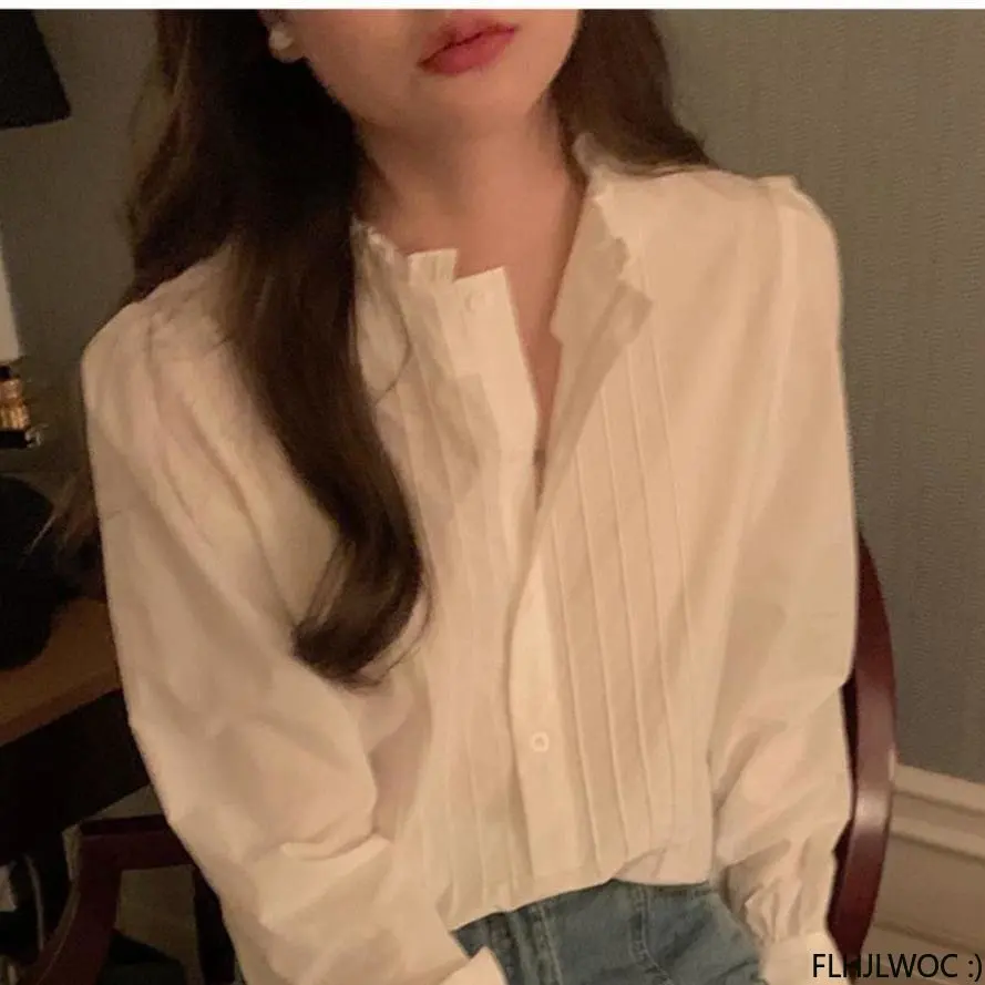

Stand Collar Retro Vintage Tops Women Korea Style 2023 French Elegant Office Lady Cute Girls Chic White Basic Shirts Blouse