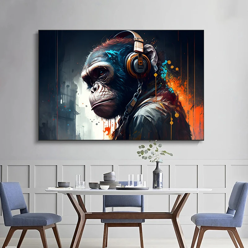 Обезьяна с наушниками DJ обезьяна плакат и принты граффити шимпанзе Картина на