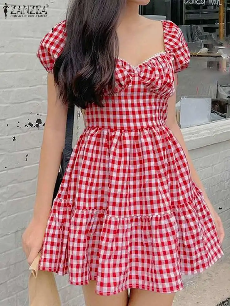 

ZANZEA Fahsion Women Checked Mini Dress Elegant Lace Trim Square Neck Puff Sleeve Spliced Short Robes Plaid High Waist Sundress
