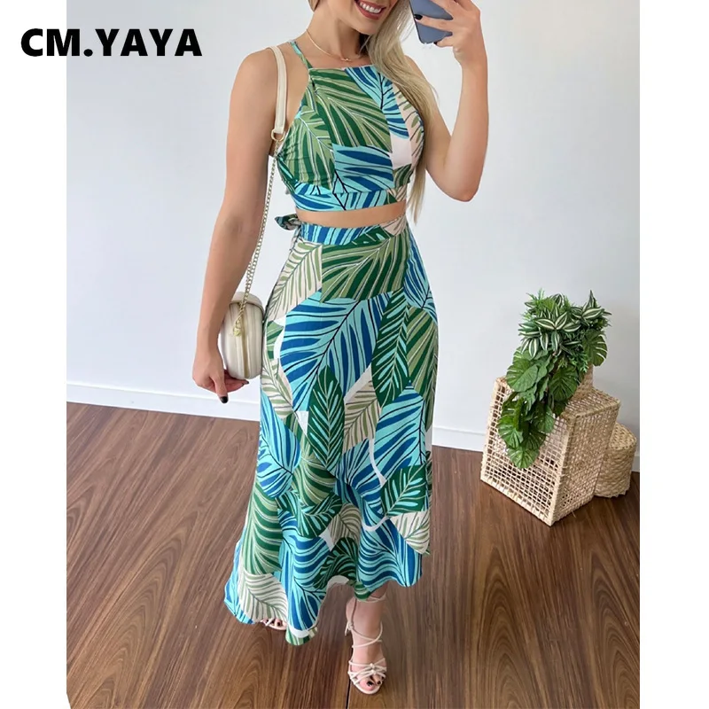 

CM.YAYA Elegant Floral Leaf Women Midi Mermaid Skirt Suit and Halter Neck Crop Top Matching Two 2 Piece Set Chic Outfit 2022