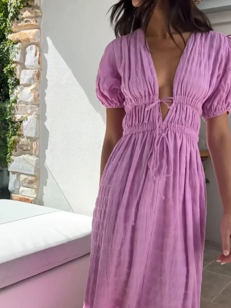 Летние платья Mikydely длиной до щиколотки с пышными рукавами и V-образным вырезом