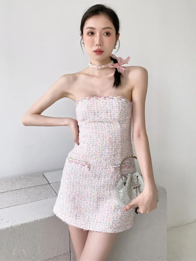 

New Elegant French Vintage Small Fragrance A-line Skirt Women Korean Gentle Sleeveless Sexy Dress 2022 Summer Mini Vestidos