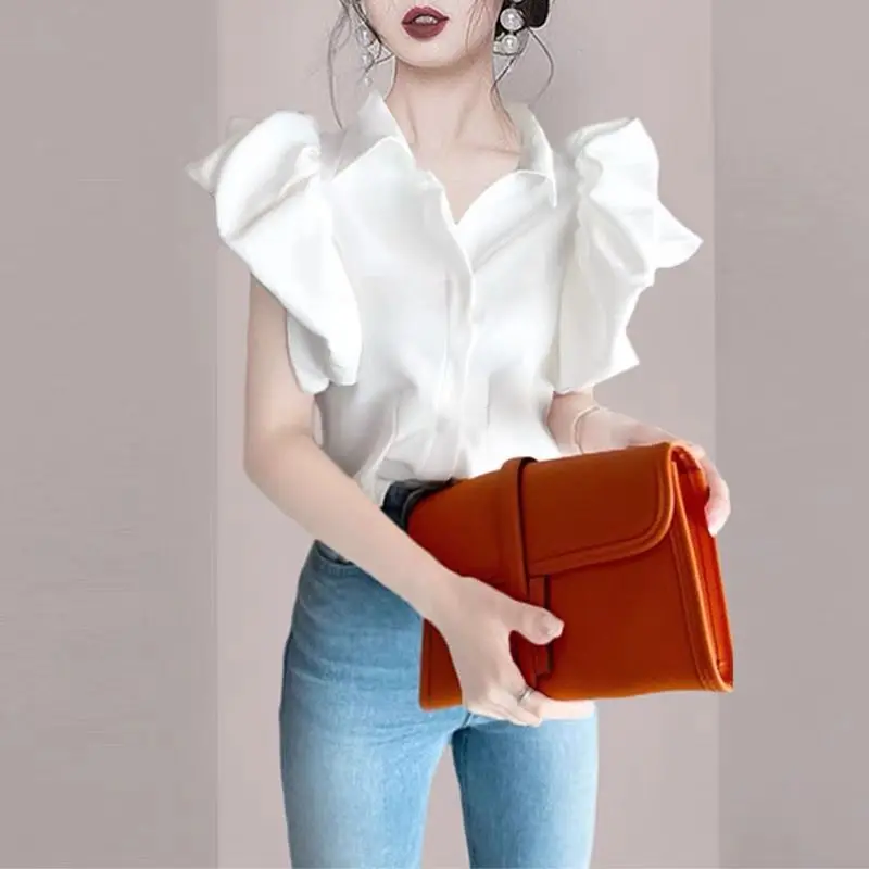 

Korean Fashion Puff Short Sleeve Blouse Women Turn-down Collar Summer Ruffes White Black Shirt Vintage Tops
