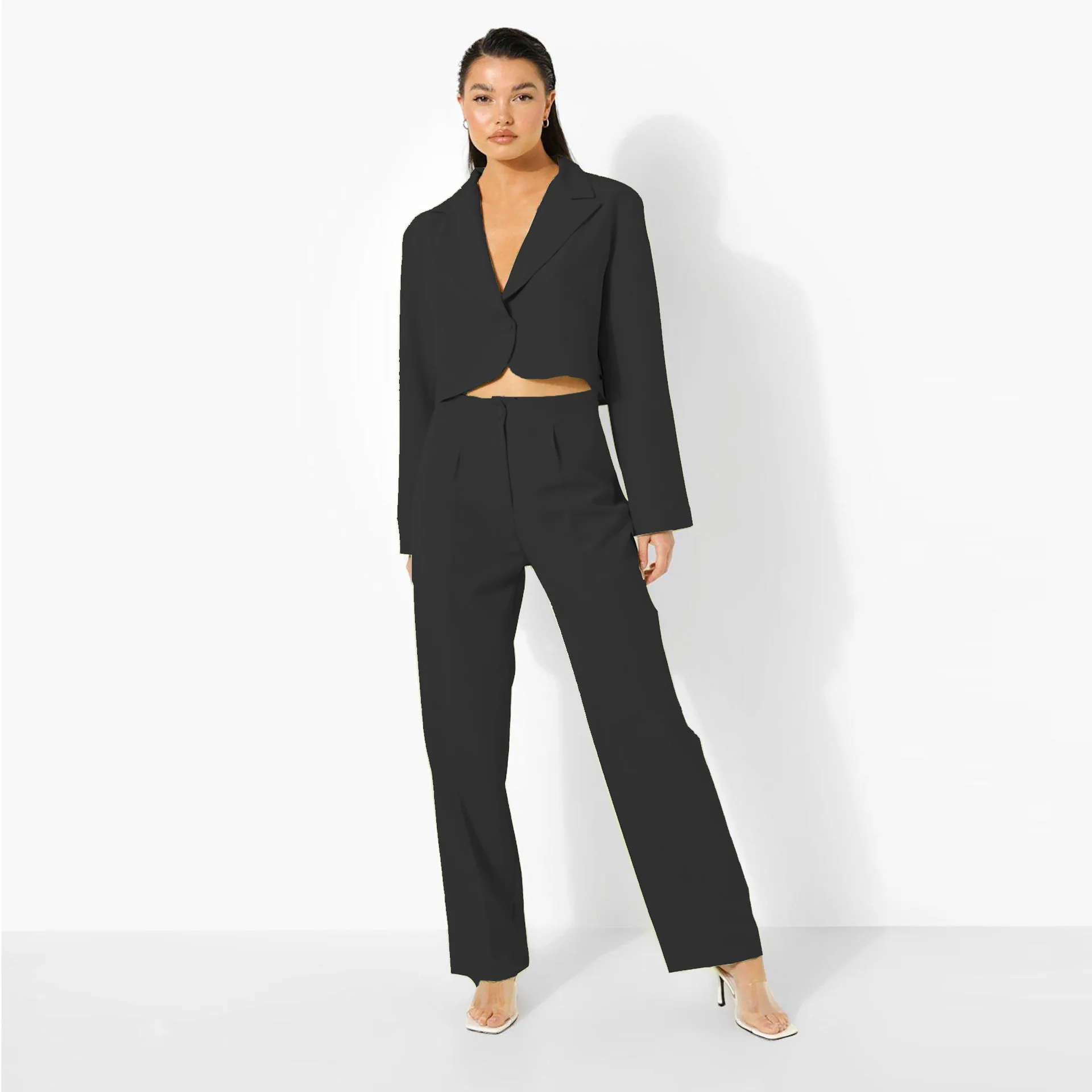 Summer Office Lady Plus Size Blazer Suits Two Piece Set Women Long Sleeve Short Blazer High Waist Wide Leg Straight Pants Suits