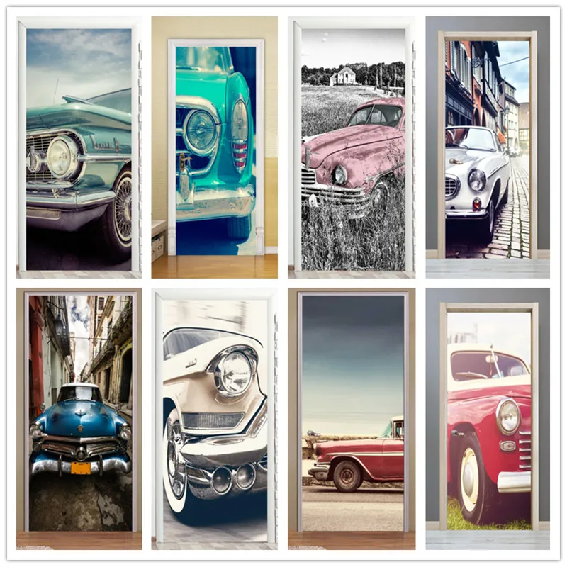 

Self-adhesive retro car art door stickers home decoration door cover wall stickers mural porch wallpaper poster