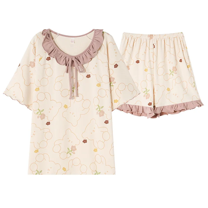 Pajamas Women's Summer Sweet Small Fresh Casual Pure Cotton Short-sleeved Shorts Two-piece Set Home Suit Breathable Sleepwear