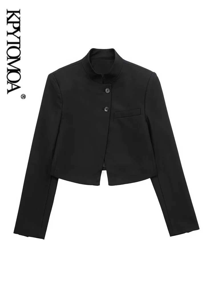 

Women Fashion Front Button Fitted Crop Blazer Coat Vintage High Neck Long Sleeve Female Outerwear Chic Vestes Femmes